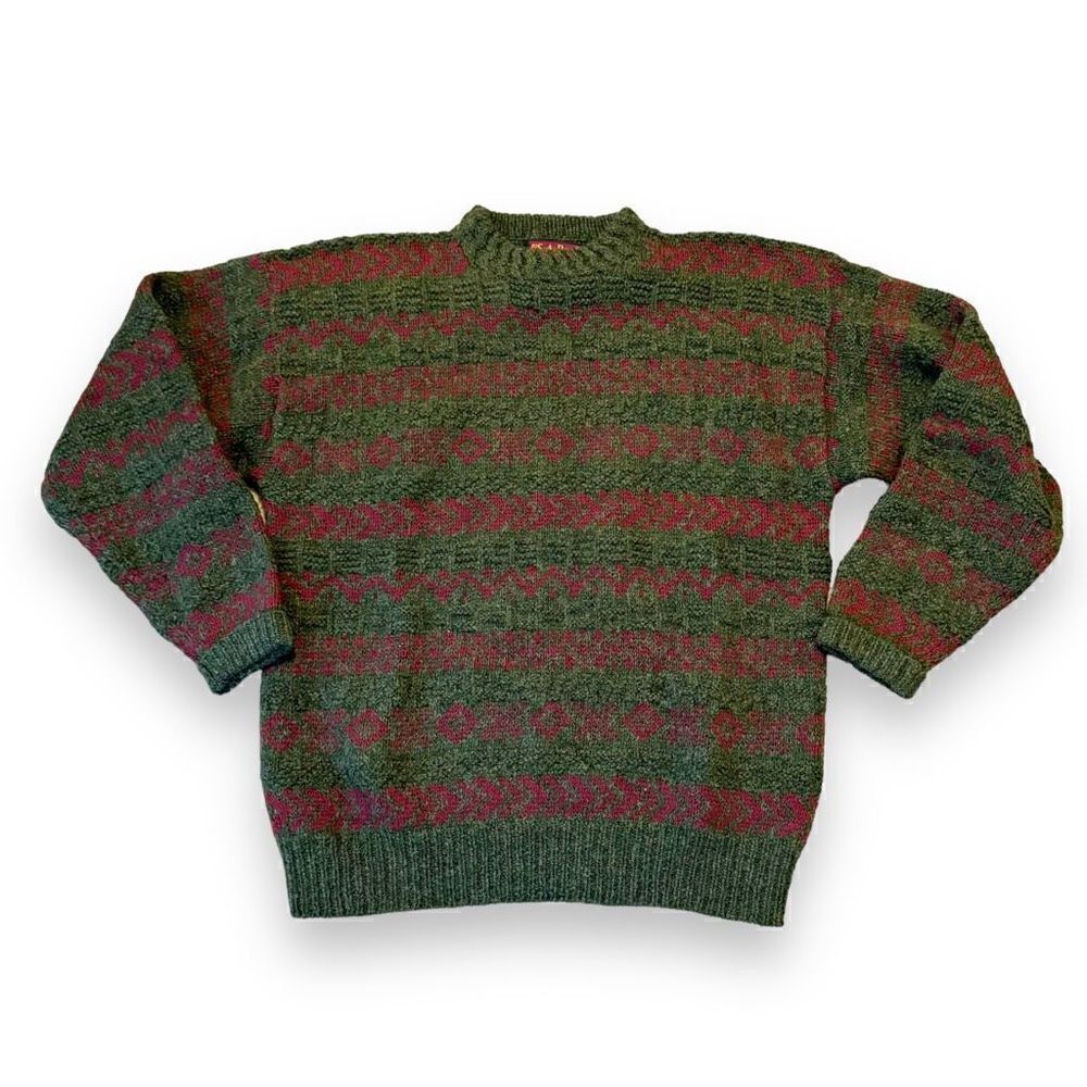 Jos. A. Bank Vintage 80s Men’s Chunky Heavy Knit Wool Green Red Sweater - Size L